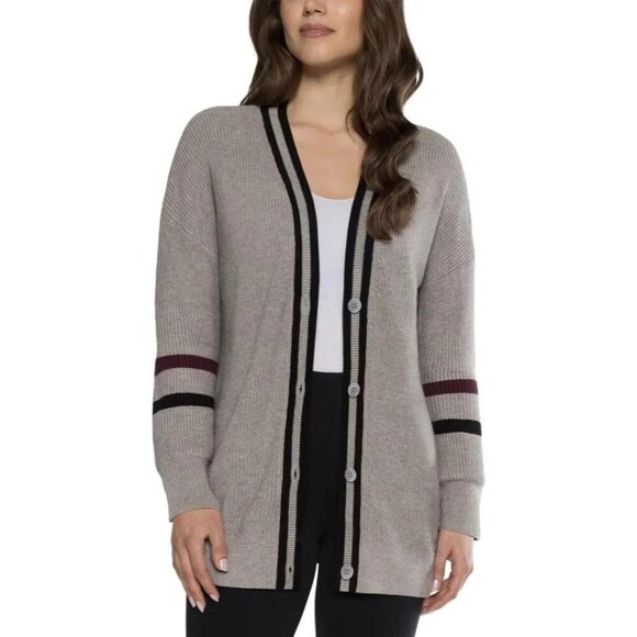 NEW Matty M Women's L Varsity Cardigan Sweater Gray Striped - Picture 1 of 8
